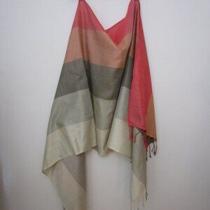 Huge Italy Pareo Silk Scarf Shawl Layover Wrap Coverup Stripe Fringe
